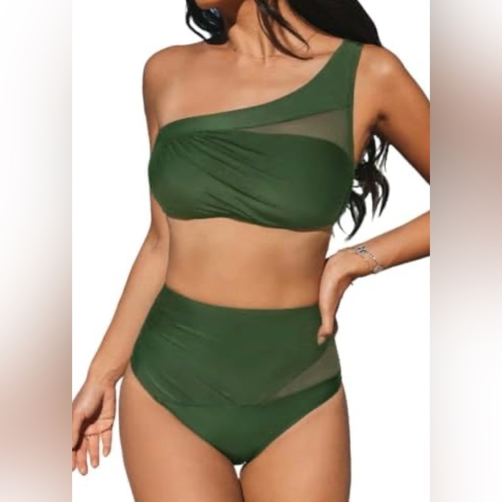 Sz S women’s 2pc One-Shoulder mesh sheer high waisted Bikini Set moss green